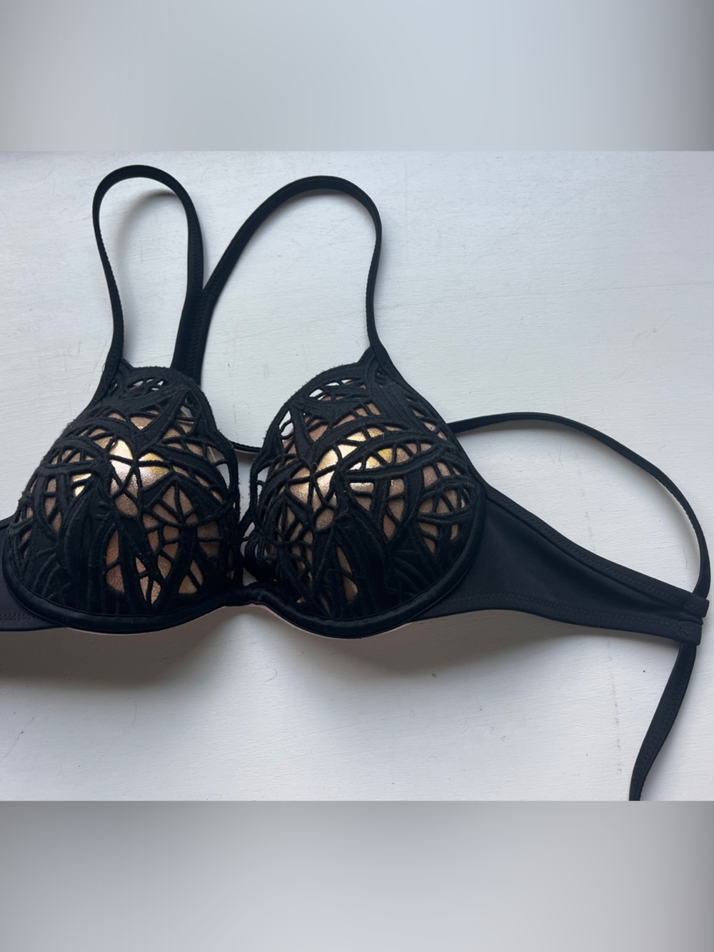 Black Lace Overlay Demi Swimsuit Top with Gold Accent